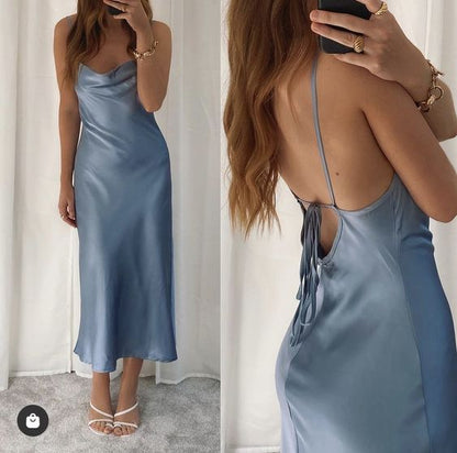 Schlichtes, hellblaues Etui-Abendkleid mit Trägern und Rückenausschnitt P1441