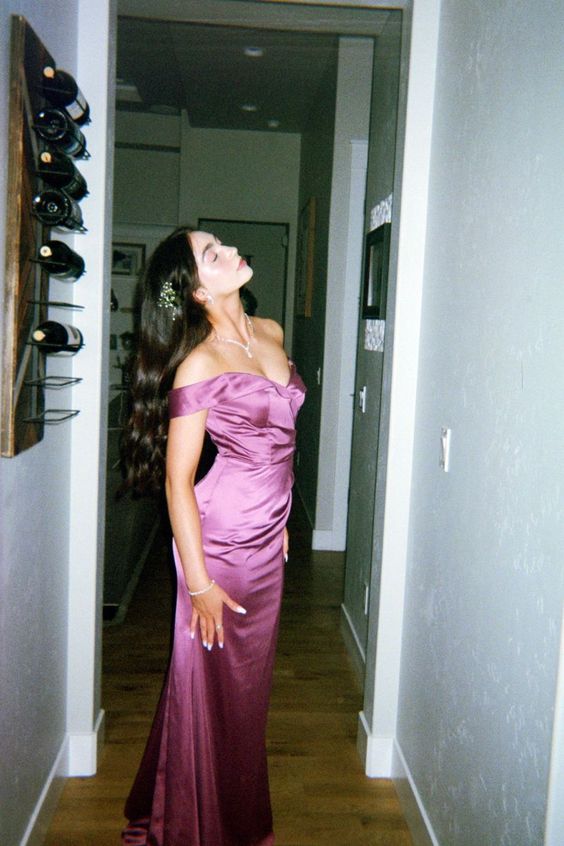 Modest Sheath Off The Shoulder Rose Pink Long Prom Dress P1445