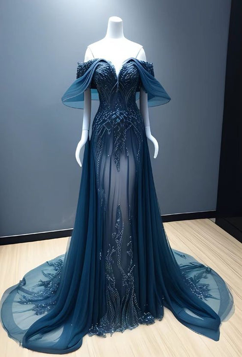 Blue Off The Shoulder A-line Prom Dress,Blue Evening Dress Y5778