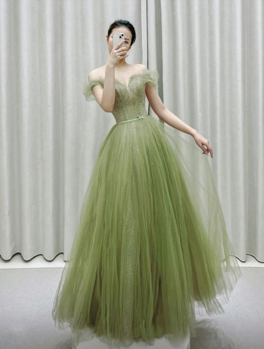 Vintage A Line Off The Shoulder Tulle Sage Green Prom Dress P1466