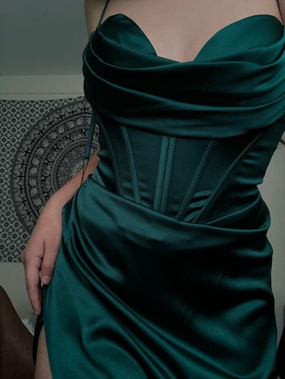 Einfache Meerjungfrauen-Bodenlange dunkelgrüne Ballkleider mit Schlitz P1471