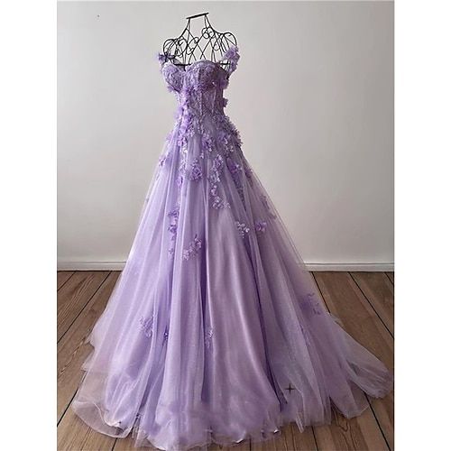 Cute A line Floor Length Lilac Prom Dresses With Lace P1472