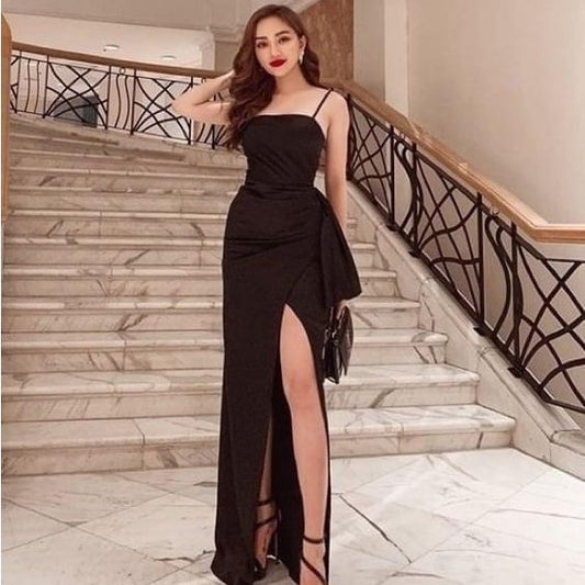 Sexy Sheath Straps Floor Length Black Slit Prom Dresses P1476