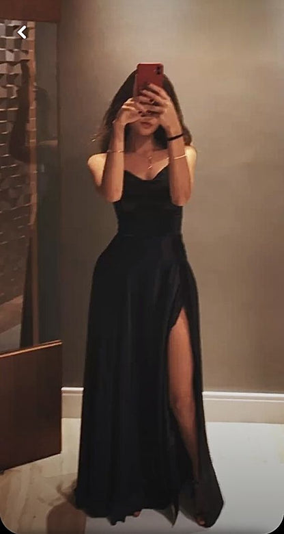 Sexy A-Linien Träger bodenlang Schwarz Schlitz Ballkleider P1480