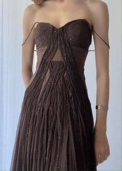 Vintage A Line Straps Floor Length Brown Prom Dresses P1482