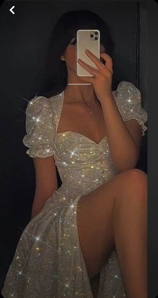 Sweet Short Sleeves Sequin Prom Dresses Slit Prom Gown P1488