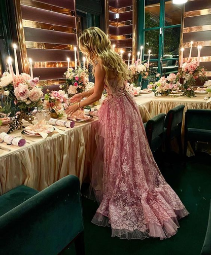 Sexy High-Low Ärmelloses Spitzen-Abschlussballkleid in Pink P1490