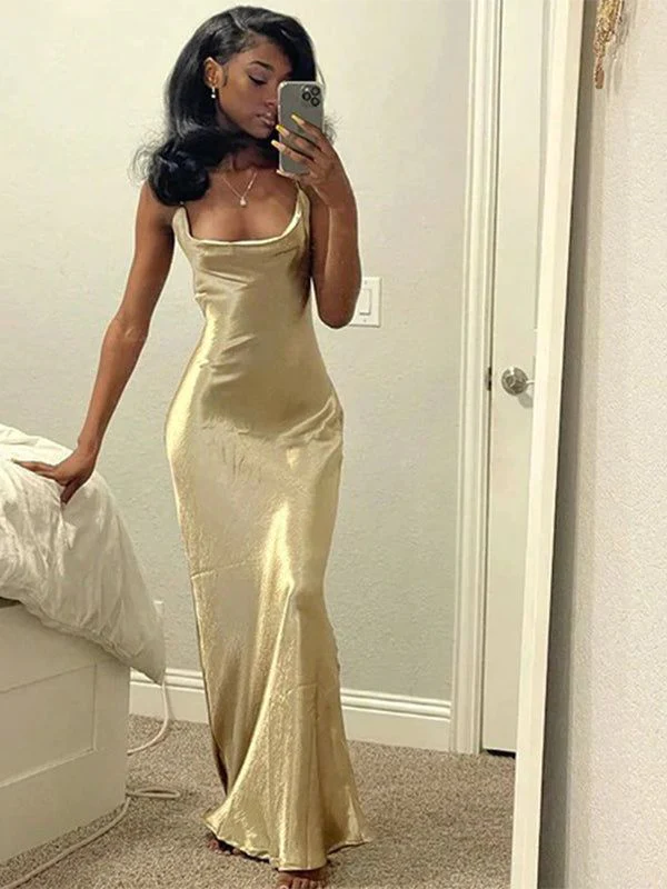 Shiny Cream Crystal Satin High Quality Spaghetti Straps Mermaid Prom D PreppyDress