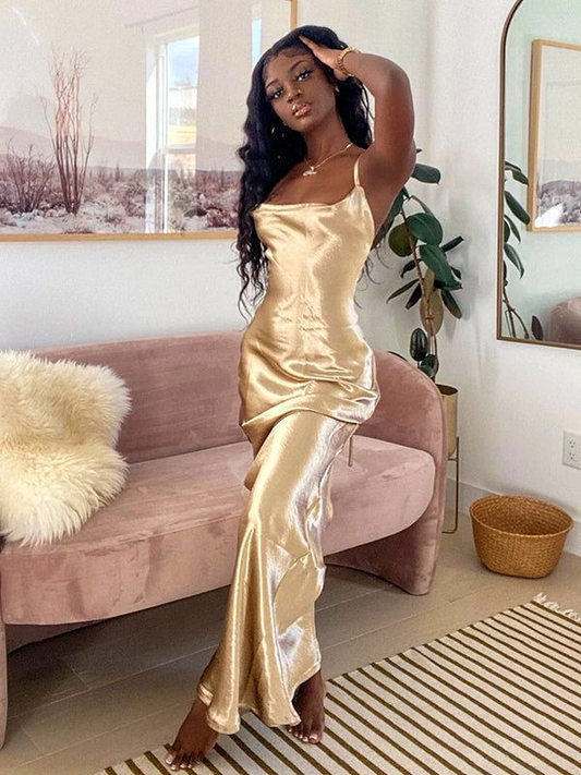 Shiny Cream Crystal Satin High Quality Spaghetti Straps Mermaid Prom Dress P1493