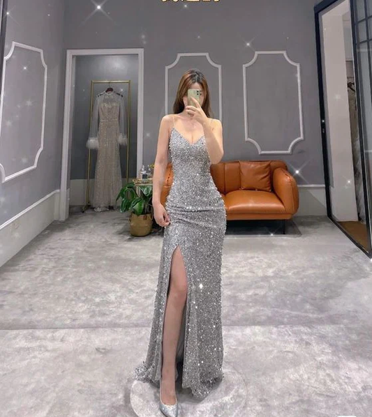 Sparkly Sequins Spaghetti Straps Sequin Side Slit Prom Dress P1495