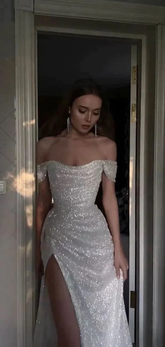 Sparkly Sequins Off Shoulder Side Slit Prom Dress P1496