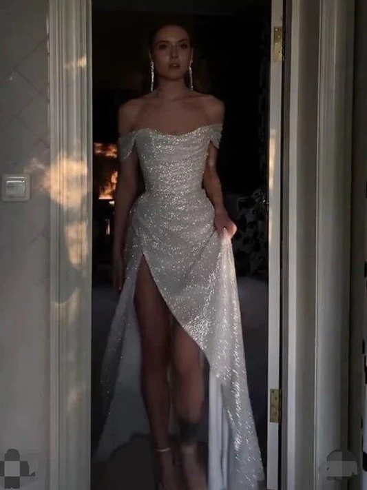 Sparkly Sequins Off Shoulder Side Slit Prom Dress P1496