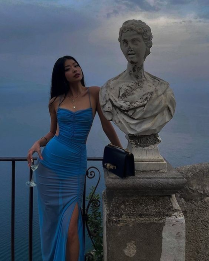 Robe de soirée longue sexy bleue Robe de bal transparente Robe de plage P1497