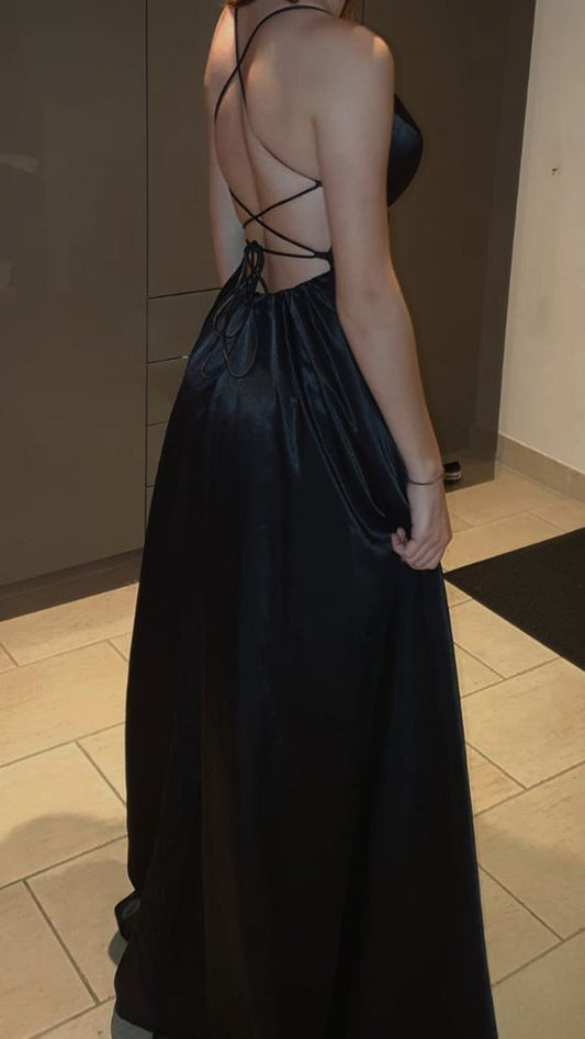 Sexy A Line Straps Long Black Slit Backless Prom Dresses P1502