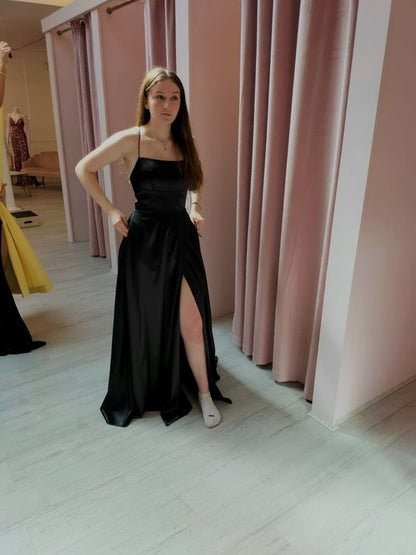 Sexy A-Linien-Träger langes schwarzes rückenfreies Ballkleid mit Schlitz P1502