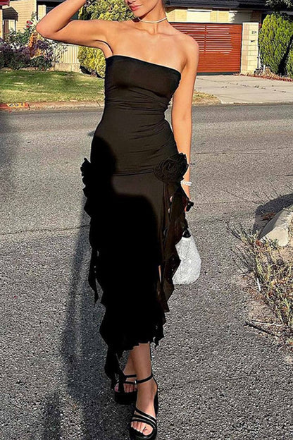 Sexy trägerloses schwarzes Abendkleid mit Schlitz und Blumenmuster P1503
