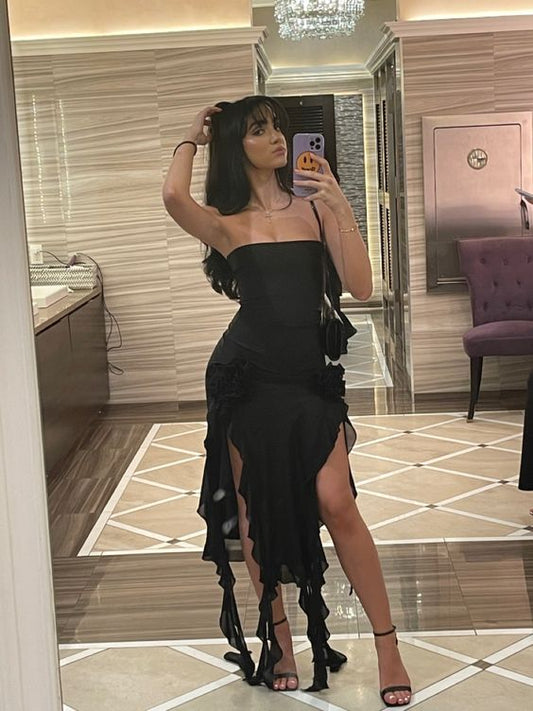 Sexy Sheath Strapless Long Black Slit Floral Prom Dresses P1503