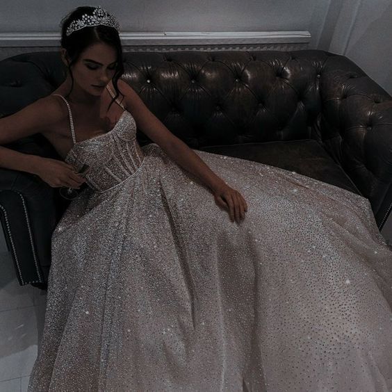 Sparkly Charming A line Spaghetti Straps Long Sequin Prom Dress P1506