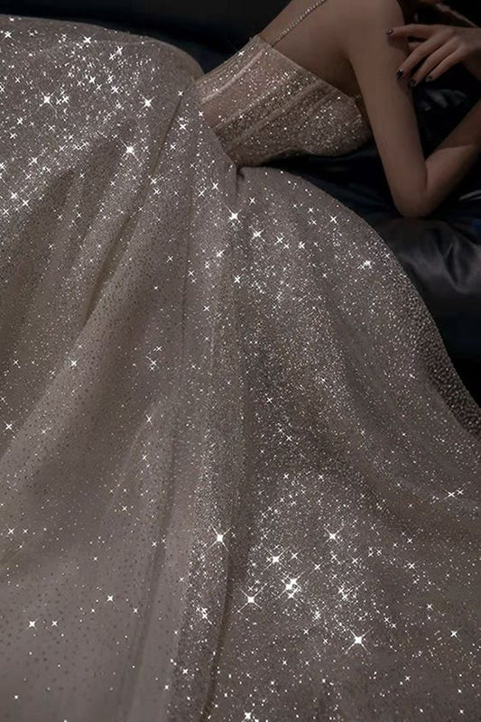 Sparkly Charming A line Spaghetti Straps Long Sequin Prom Dress P1506
