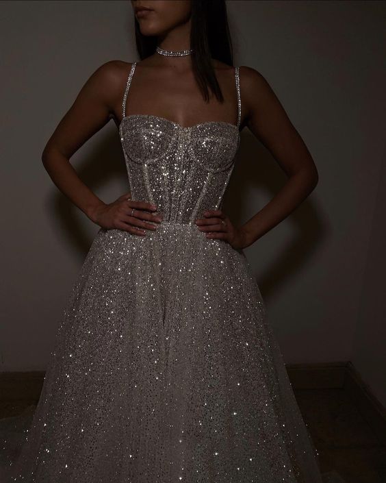 Sparkly Charming A line Spaghetti Straps Long Sequin Prom Dress P1506