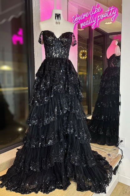 black tiered prom dress Black Tulle Layers Long A-Line Prom Dress, Black Strapless Evening Dre
