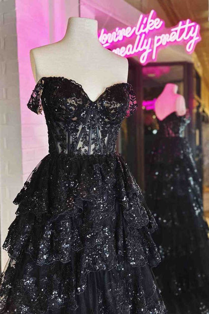 black off the shoulder tiered prom dress Sparkly Black Off The Shoulder Tiered Prom Dress P1512