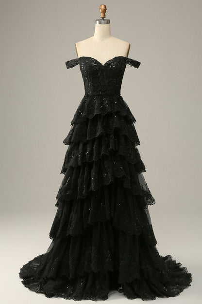 Robe de bal longue en dentelle noire, coupe trapèze, épaules dénudées, avec fente haute P1513