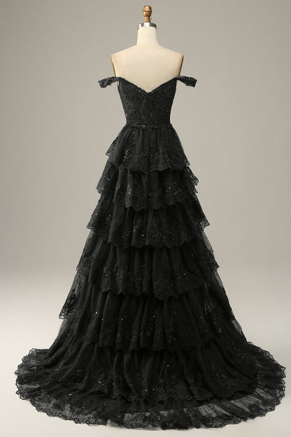 Robe de bal longue en dentelle noire, coupe trapèze, épaules dénudées, avec fente haute P1513