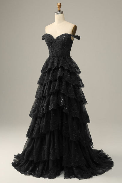 Robe de bal longue en dentelle noire, coupe trapèze, épaules dénudées, avec fente haute P1513