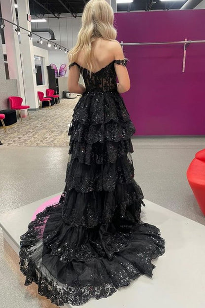 open lace back dress Shimmering Ruffle Prom Dresses Off the Shoulder Tiered Formal Gown FD3 –  Viniodress