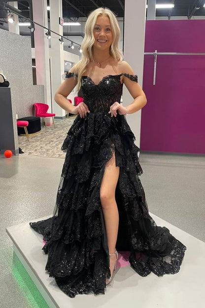 A line Off Shoulder Black Lace Long Prom Dress With High Slit P1513 PreppyDress A line Off Shoulder Black Lace Long Prom Dress With High Slit P1513 PreppyDress