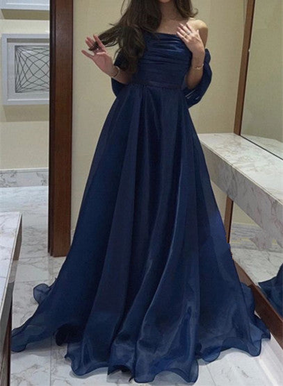 A line Strapless Navy Blue Long Prom Dress With Straps P1516