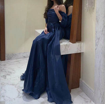 A line Strapless Navy Blue Long Prom Dress With Straps P1516