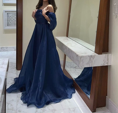 A line Strapless Navy Blue Long Prom Dress With Straps P1516