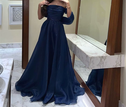 A line Strapless Navy Blue Long Prom Dress With Straps P1516