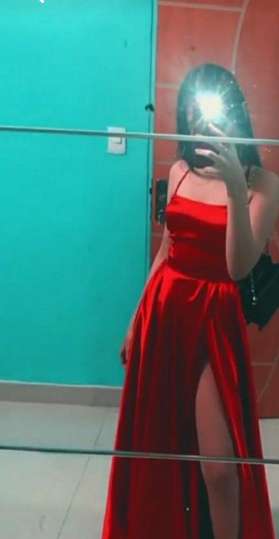 A line Straps Red Long Prom Dress With Slit P1519