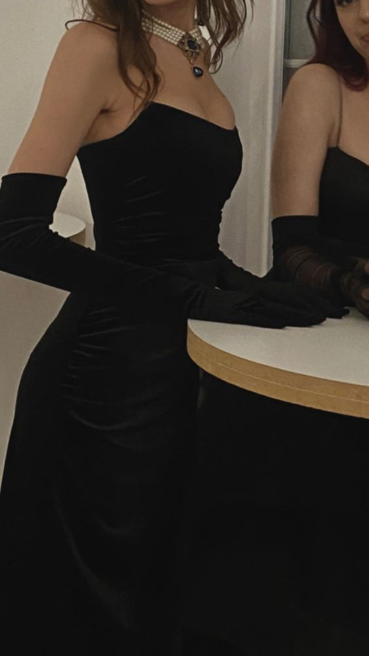Sexy Mermaid Strapless Black Velvet Long Prom Dress P1522