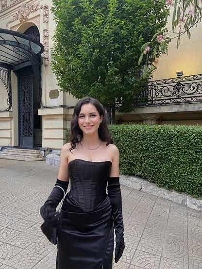 Sexy Meerjungfrau Trägerloses Schwarzes Abendkleid mit Schlitz und Handschuhen P1523