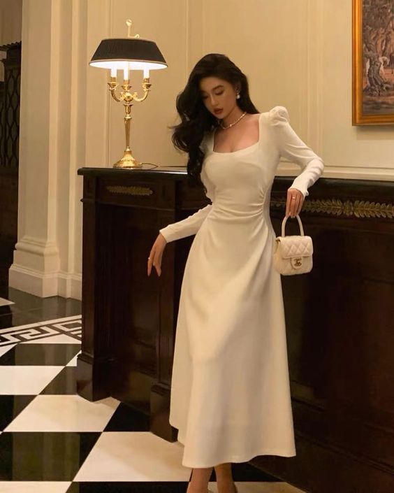 Sexy A line Square Neckline Long Sleeves White Prom Dress P1528 PreppyDress Sexy A line Square Neckline Long Sleeves White Prom Dress P1528 PreppyDress