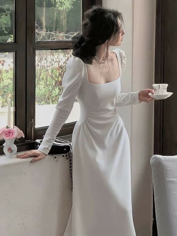 Sexy A line Square Neckline Long Sleeves White Prom Dress P1528 PreppyDress Sexy A line Square Neckline Long Sleeves White Prom Dress P1528 PreppyDress