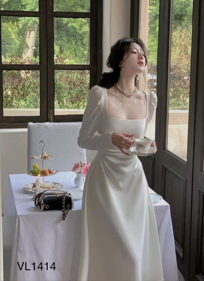 chinese dress ladies Sexy A line Square Neckline Long Sleeves White Prom Dress P1528