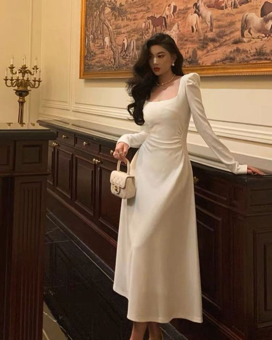 Sexy A line Square Neckline Long Sleeves White Prom Dress P1528
