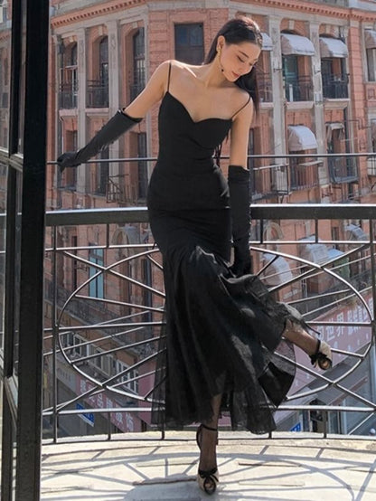 Chic Robe de bal longue noire à bretelles sirène P1548