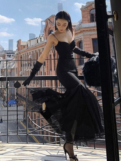 Chic Robe de bal longue noire à bretelles sirène P1548