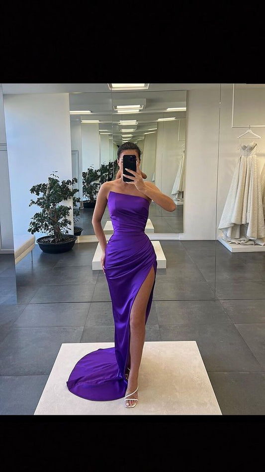 Sexy Mermaid Strapless Long Grape Prom Dress With Slit P1554