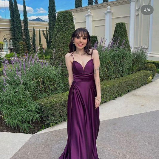 Simple A line Straps Long Grape Prom Dress P1557