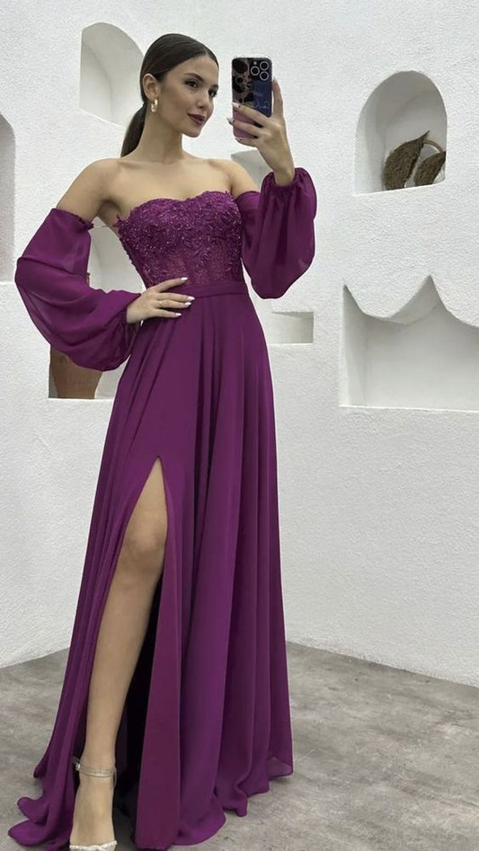 Simple A line Strapless Long Grape Chiffon Prom Dress P1558
