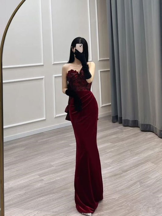 Sexy Mermaid Strapless Long Burgundy Velvet Prom Dress P1559