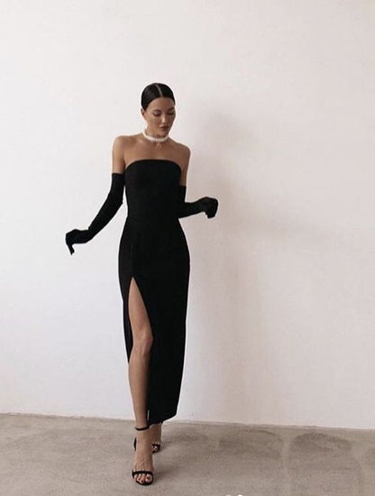 Sexy Sheath Strapless Long Black Prom Dress With Gloves P1570 – PreppyDress