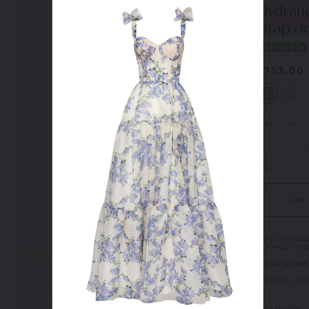 Sexy A line Long Blue Floral Prom Dress Blue and White Party Dresses P
